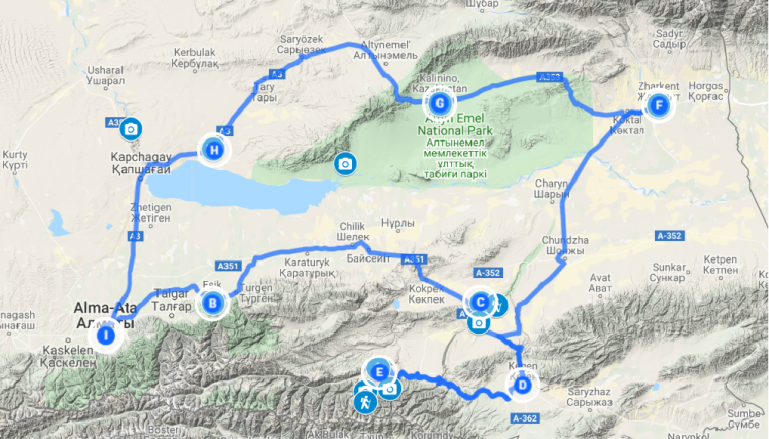 Interactive map of a one week Kazakhstan itinerary with a roadtrip around Almaty
