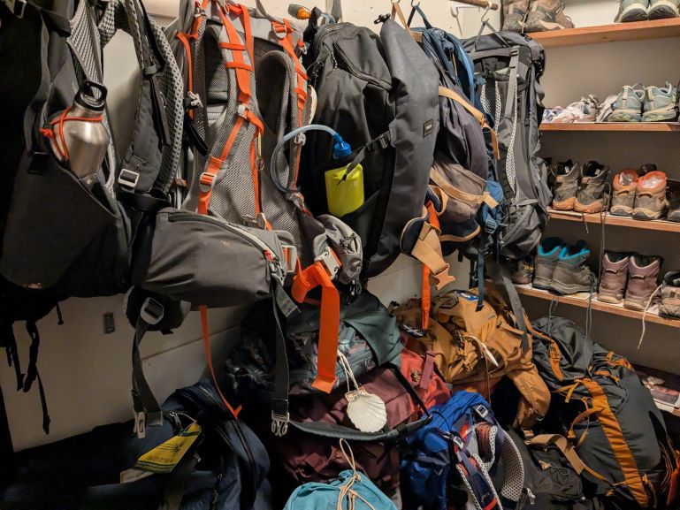 On the Via Podiensis, Shoes and backpacks are often stored outside the hostel to prevent bedbugs