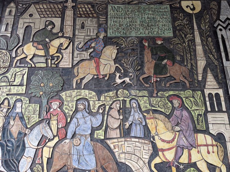Adam Kossowski's mural on Old Kent Road in London showing Pilgrims on the way from London to Canterbury