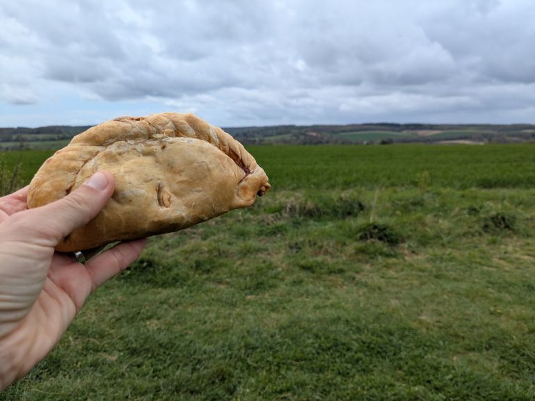 Enjoying a Cornish pasty for lunch on the Via Francigena in England